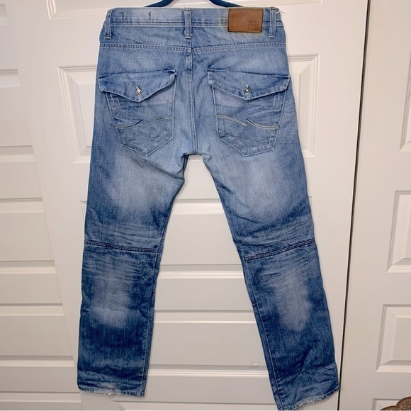 Jack Jones 1975 Distressed Jeans Men Sz 32 Blue Button Fly Slim Straight Denim - Picture 14 of 15